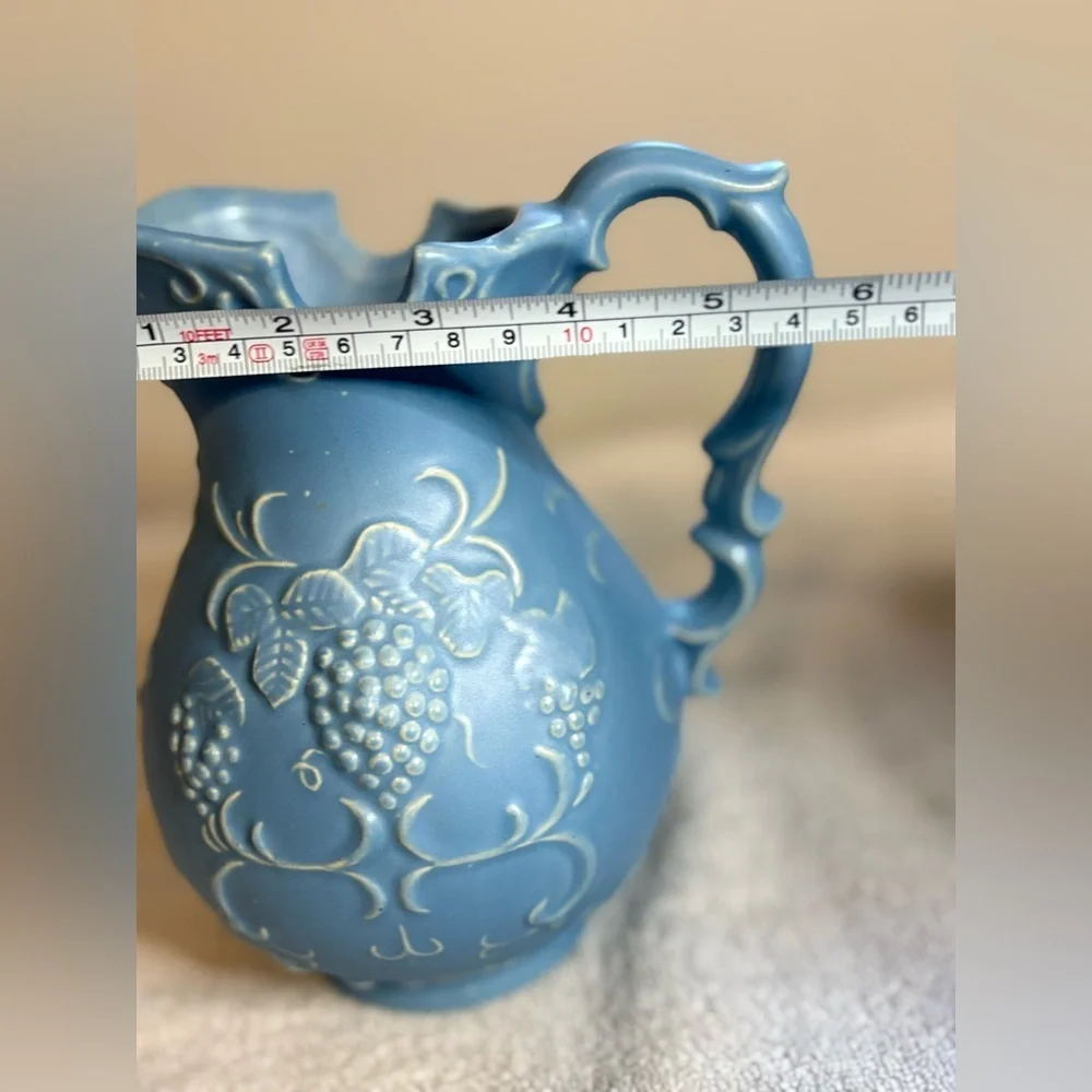 Vintage Blue Pottery Vase Pitcher Grape Design 7in